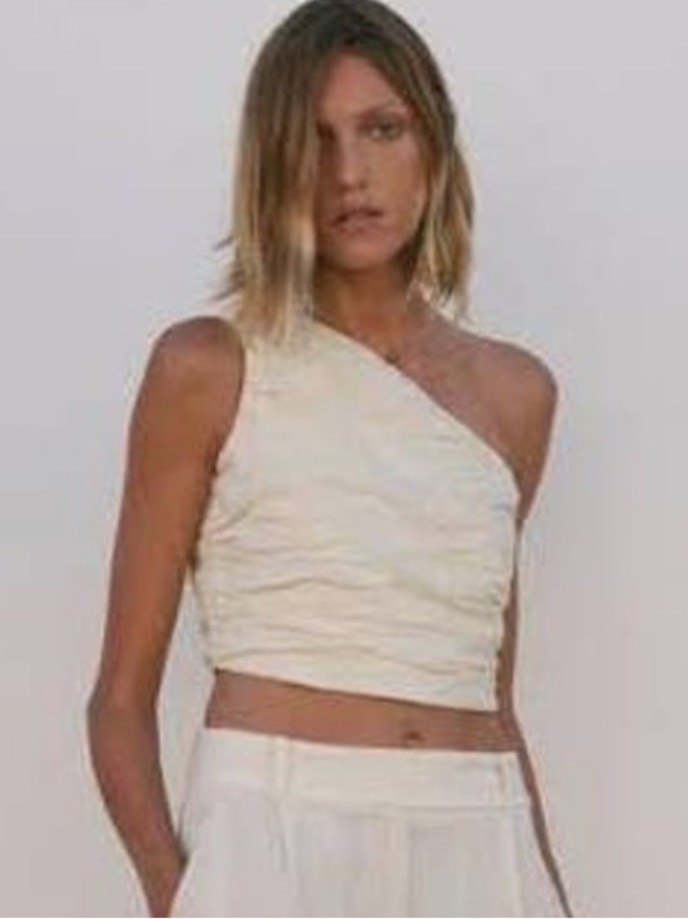 Zara Asymmetric One-Shoulder Draped Cream Crop Top with Ruched Detailing